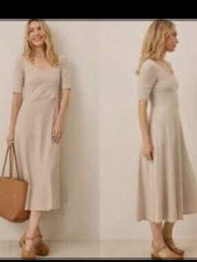 Pact Taupe Organic Cotton Blend Fit and Flare Signature Scoop Dress Women's Lg